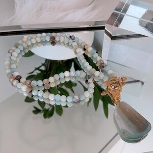 Long Beaded Aqua Necklace with Stone Charm & Goldtone Toggle